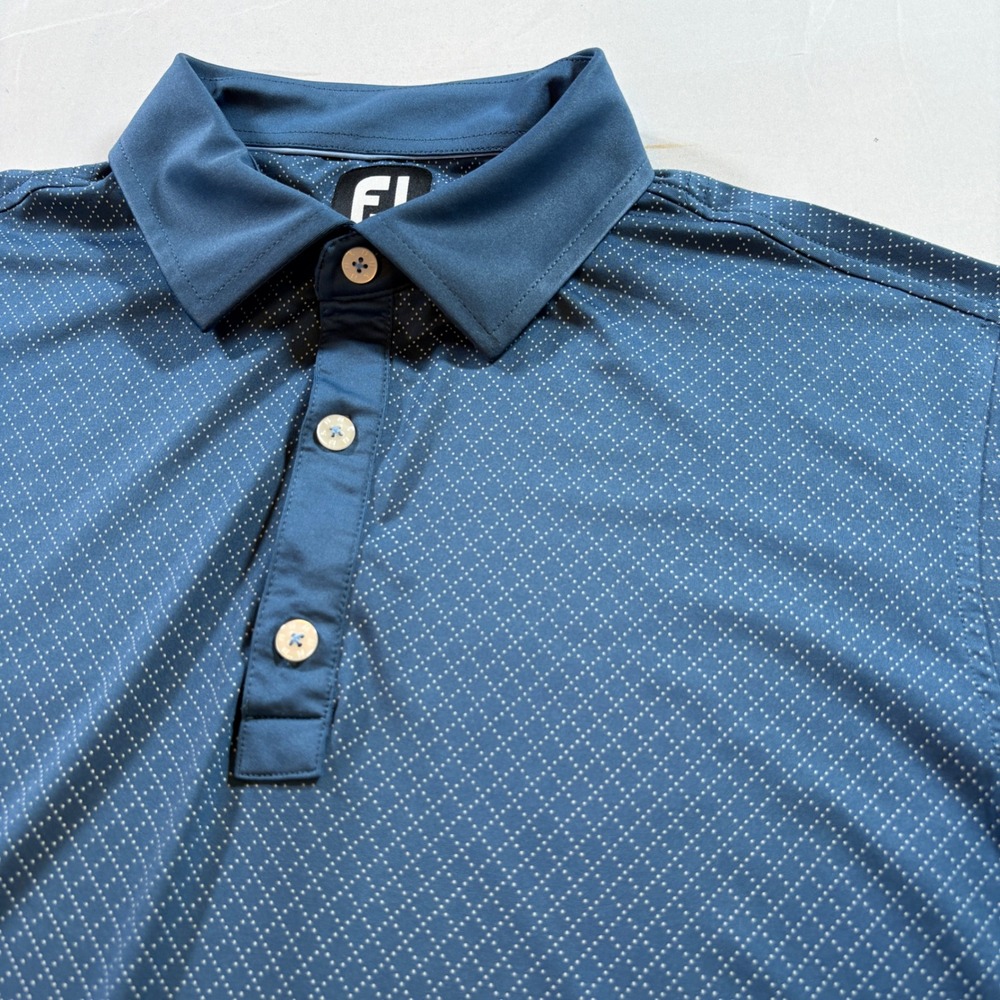 FootJoy Golf Polo Shirt Mens Medium Blue Diamond Print Performance Stretch Short